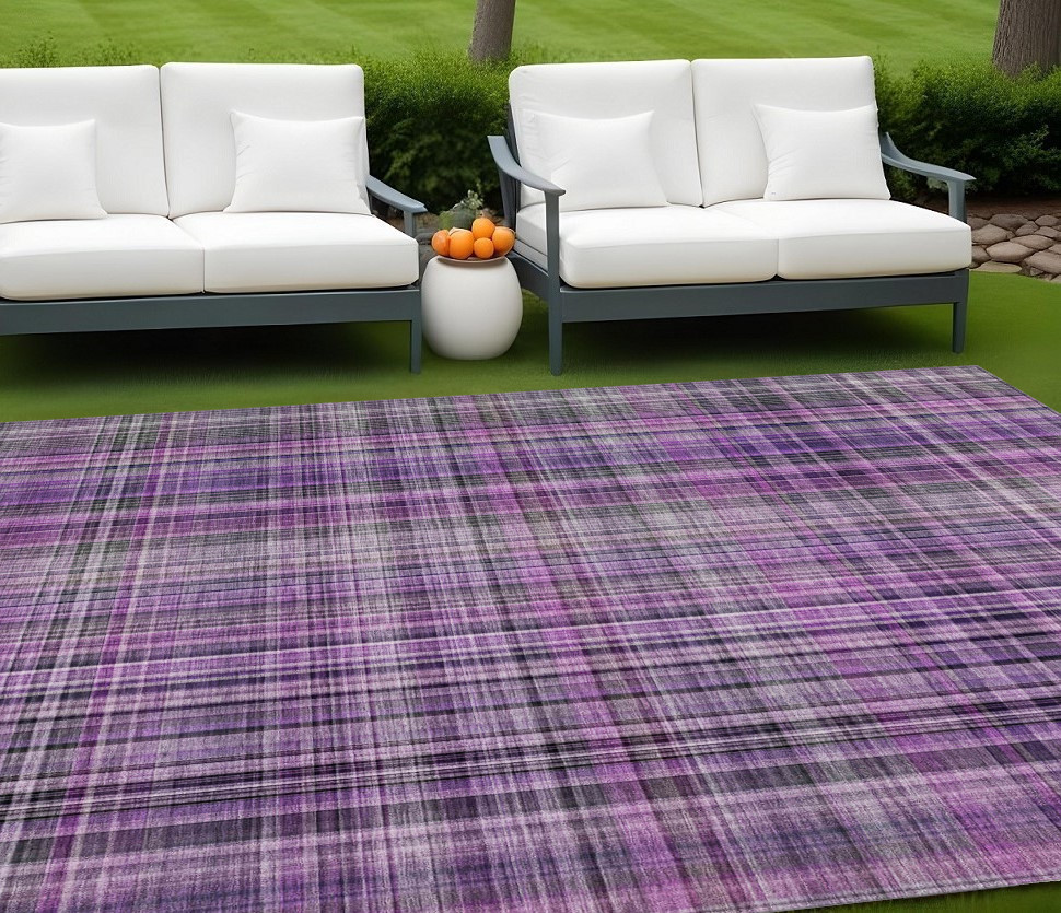 10' X 14' Purple and Gray Plaid Washable Non Skid Indoor Outdoor Area Rug-561911-1