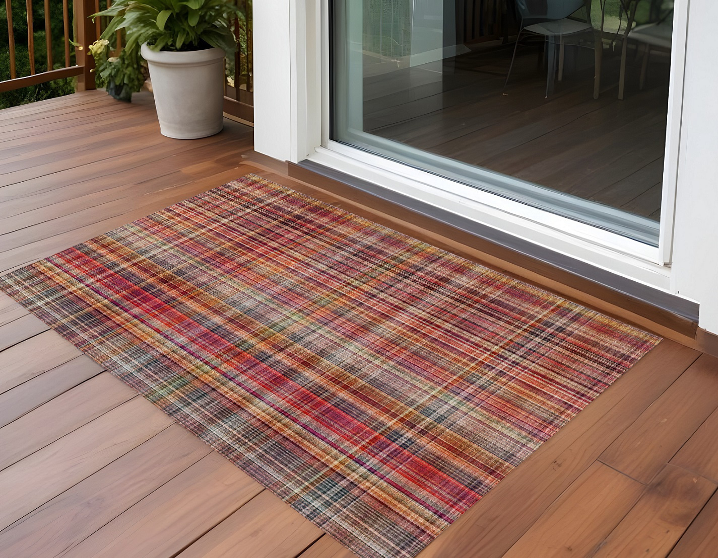 2' X 3' Red Orange and Brown Plaid Washable Non Skid Indoor Outdoor Area Rug-561912-1