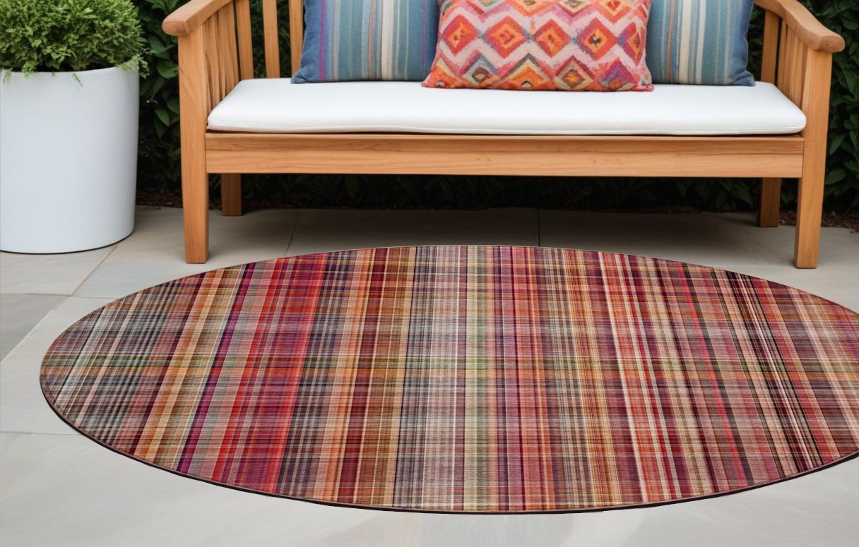8' Round Red Round Plaid Washable Non Skid Indoor Outdoor Area Rug-561917-1