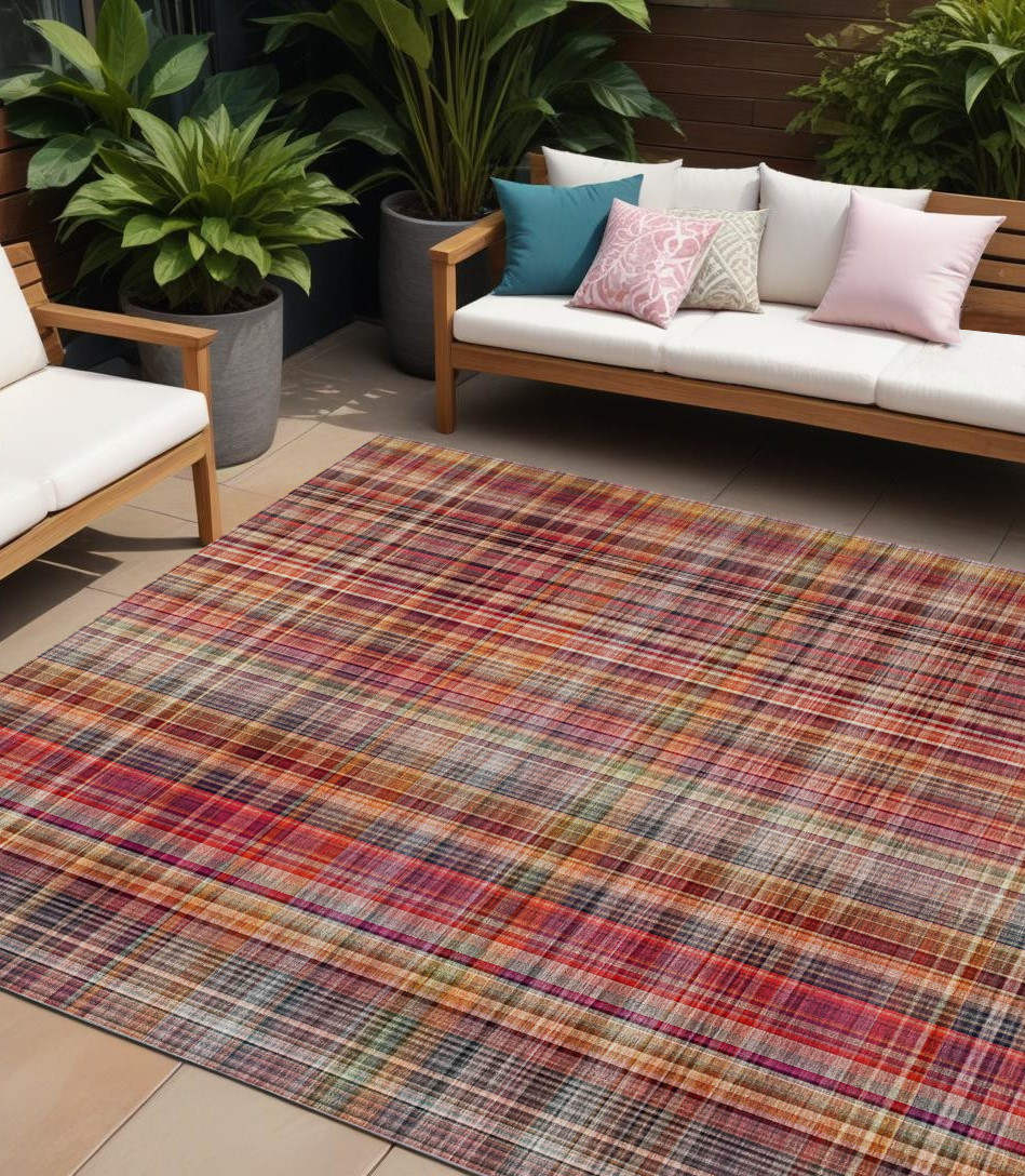 10' X 14' Red Orange and Brown Plaid Washable Non Skid Indoor Outdoor Area Rug-561920-1