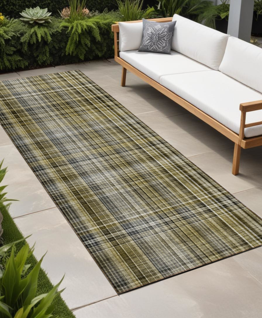 2' X 8' Green Beige and Gray Plaid Washable Non Skid Indoor Outdoor Area Rug-561922-1