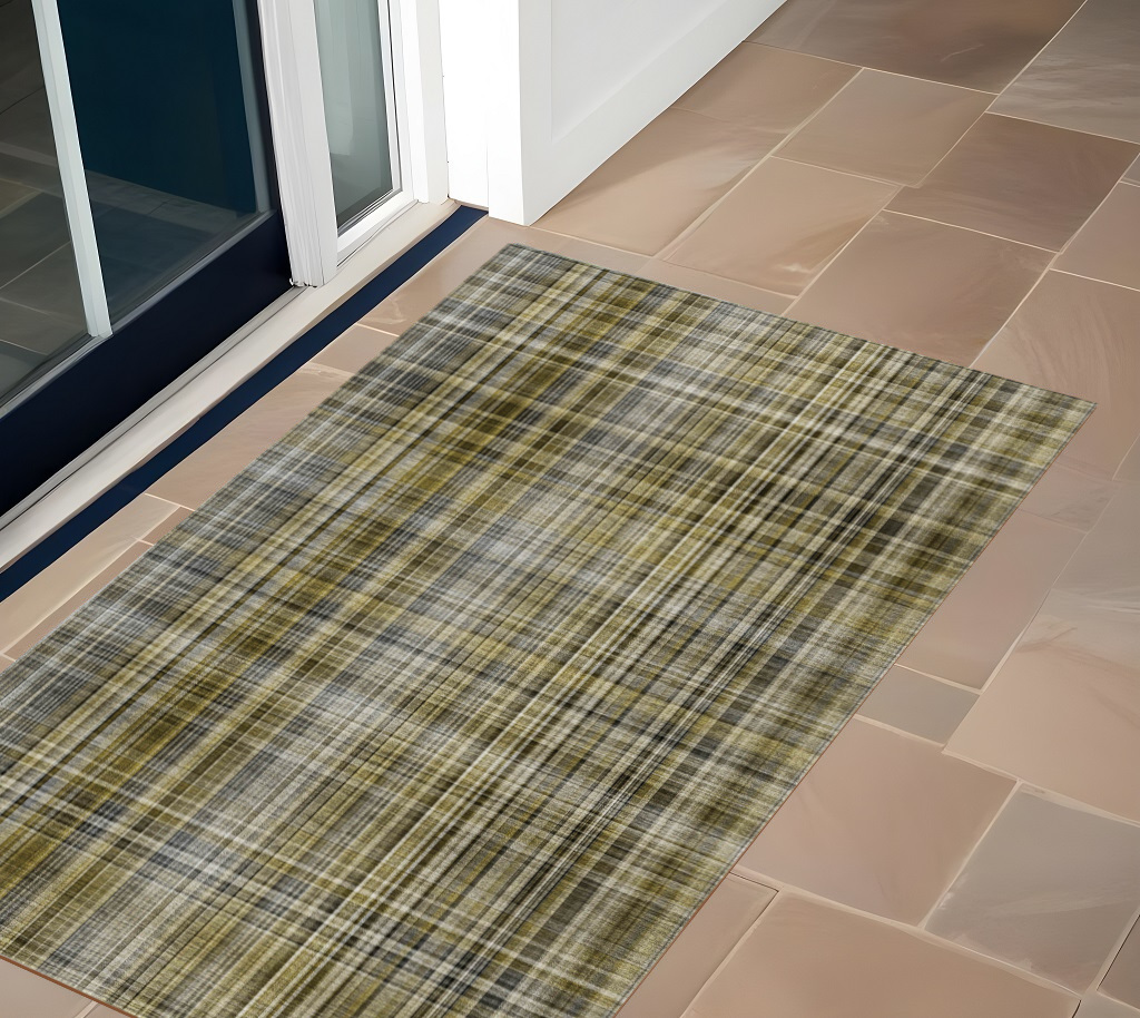 3' X 5' Green Beige and Gray Plaid Washable Non Skid Indoor Outdoor Area Rug-561924-1