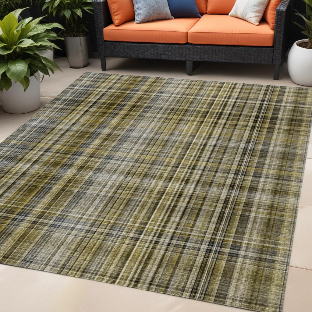 5' X 8' Green Beige and Gray Plaid Washable Non Skid Indoor Outdoor Area Rug-561925-1