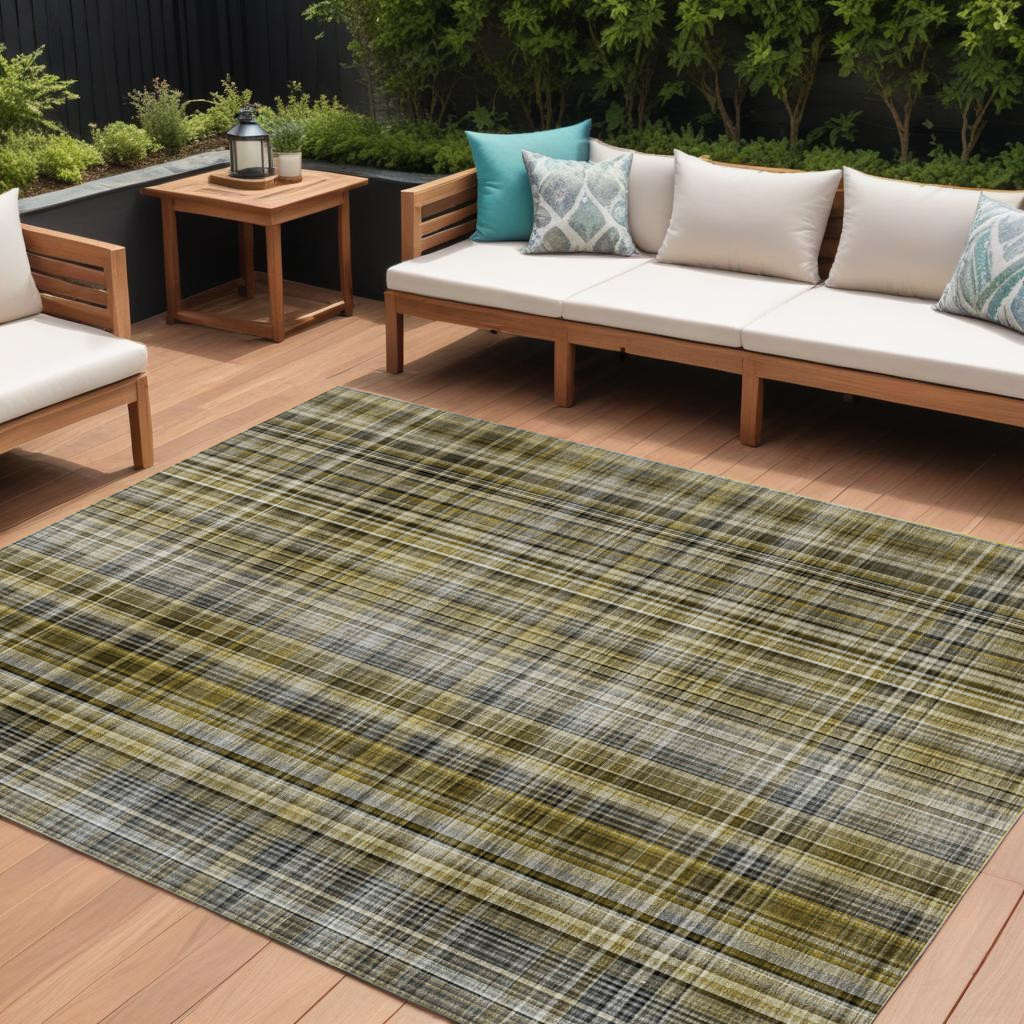 9' X 12' Green Beige and Gray Plaid Washable Non Skid Indoor Outdoor Area Rug-561928-1