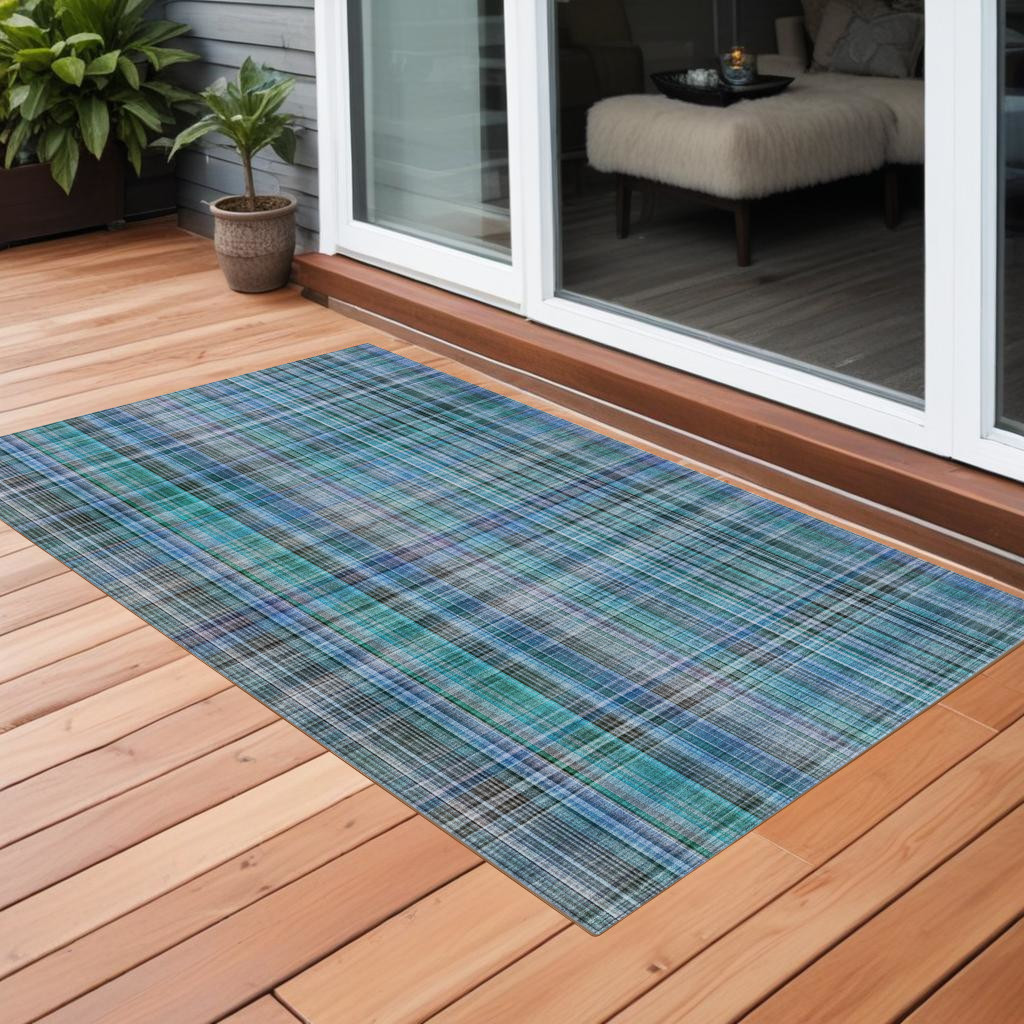 2' X 3' Blue Teal and Gray Plaid Washable Non Skid Indoor Outdoor Area Rug-561930-1
