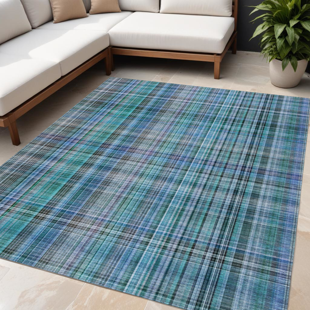 5' X 8' Blue Teal and Gray Plaid Washable Non Skid Indoor Outdoor Area Rug-561934-1