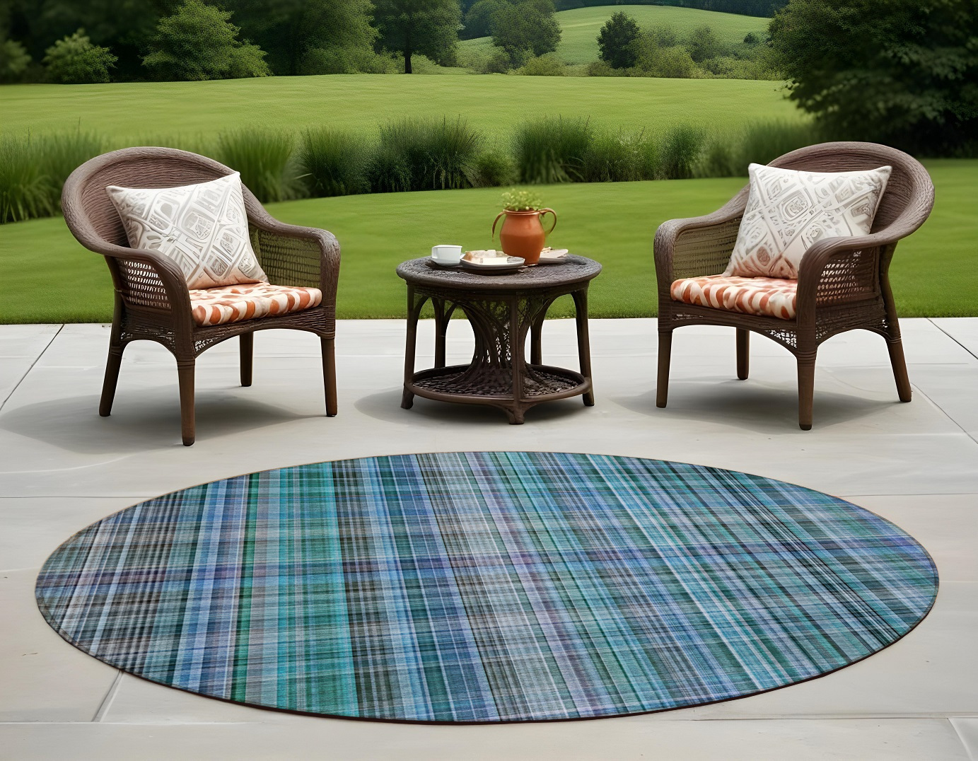 8' X 8' Blue Teal and Gray Round Plaid Washable Non Skid Indoor Outdoor Area Rug-561935-1