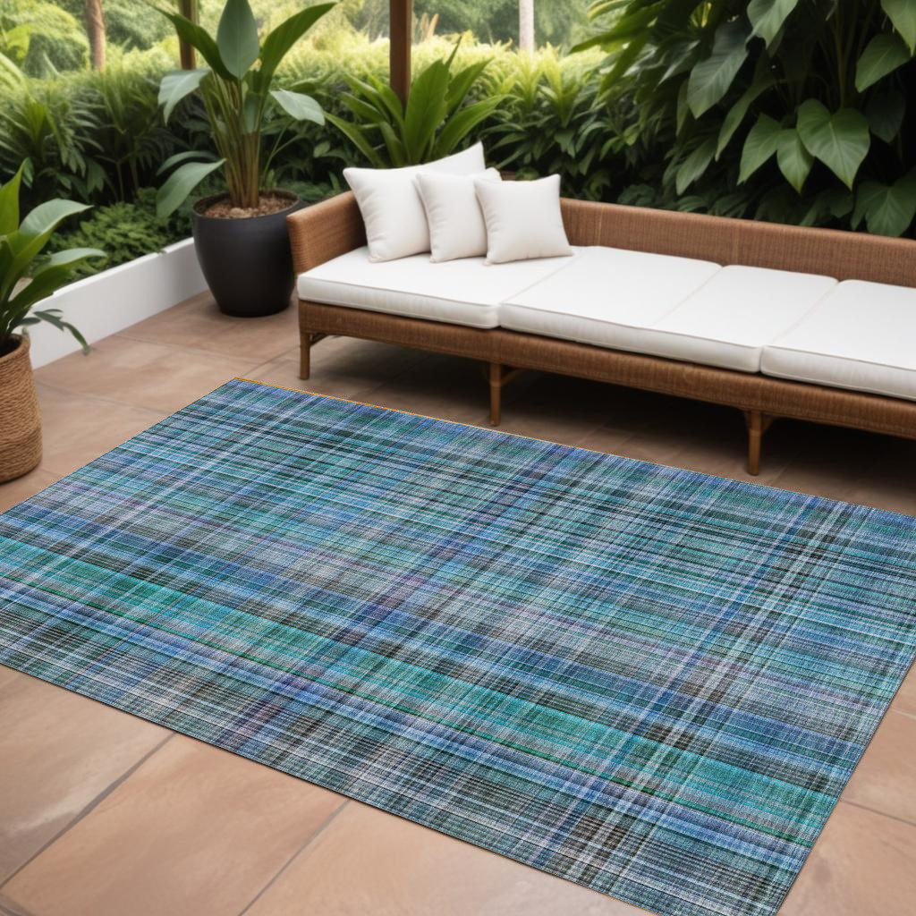 8' X 10' Blue Teal and Gray Plaid Washable Non Skid Indoor Outdoor Area Rug-561936-1