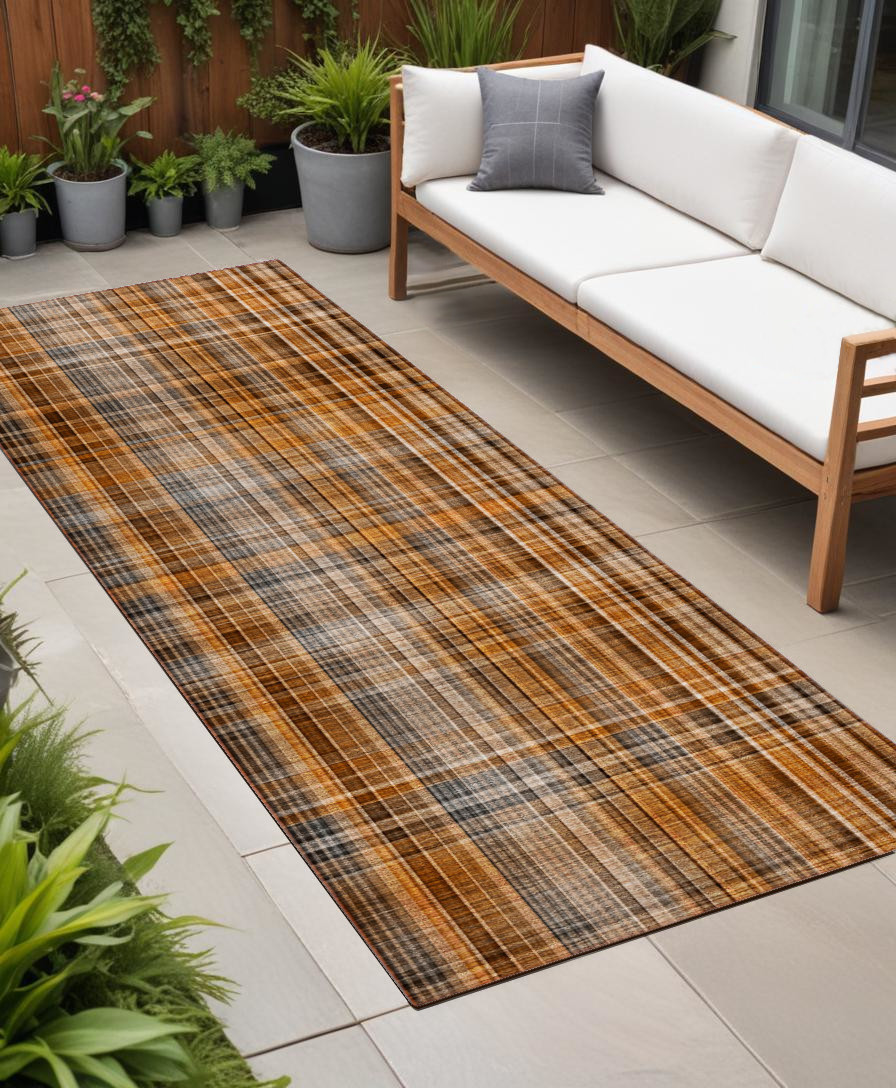 2' X 8' Orange Brown and Gray Plaid Washable Non Skid Indoor Outdoor Area Rug-561940-1