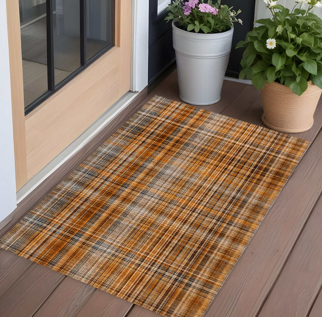 3' X 5' Terra Cotta Plaid Washable Non Skid Indoor Outdoor Area Rug-561942-1