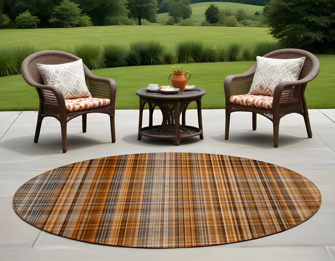 8' Round Terra Cotta Round Plaid Washable Non Skid Indoor Outdoor Area Rug-561944-1