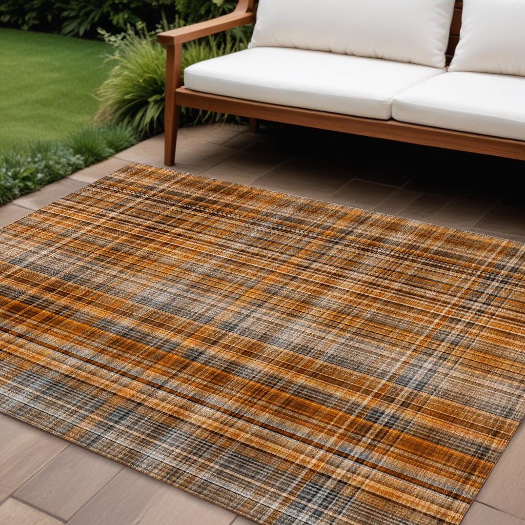 9' X 12' Terra Cotta Plaid Washable Non Skid Indoor Outdoor Area Rug-561946-1