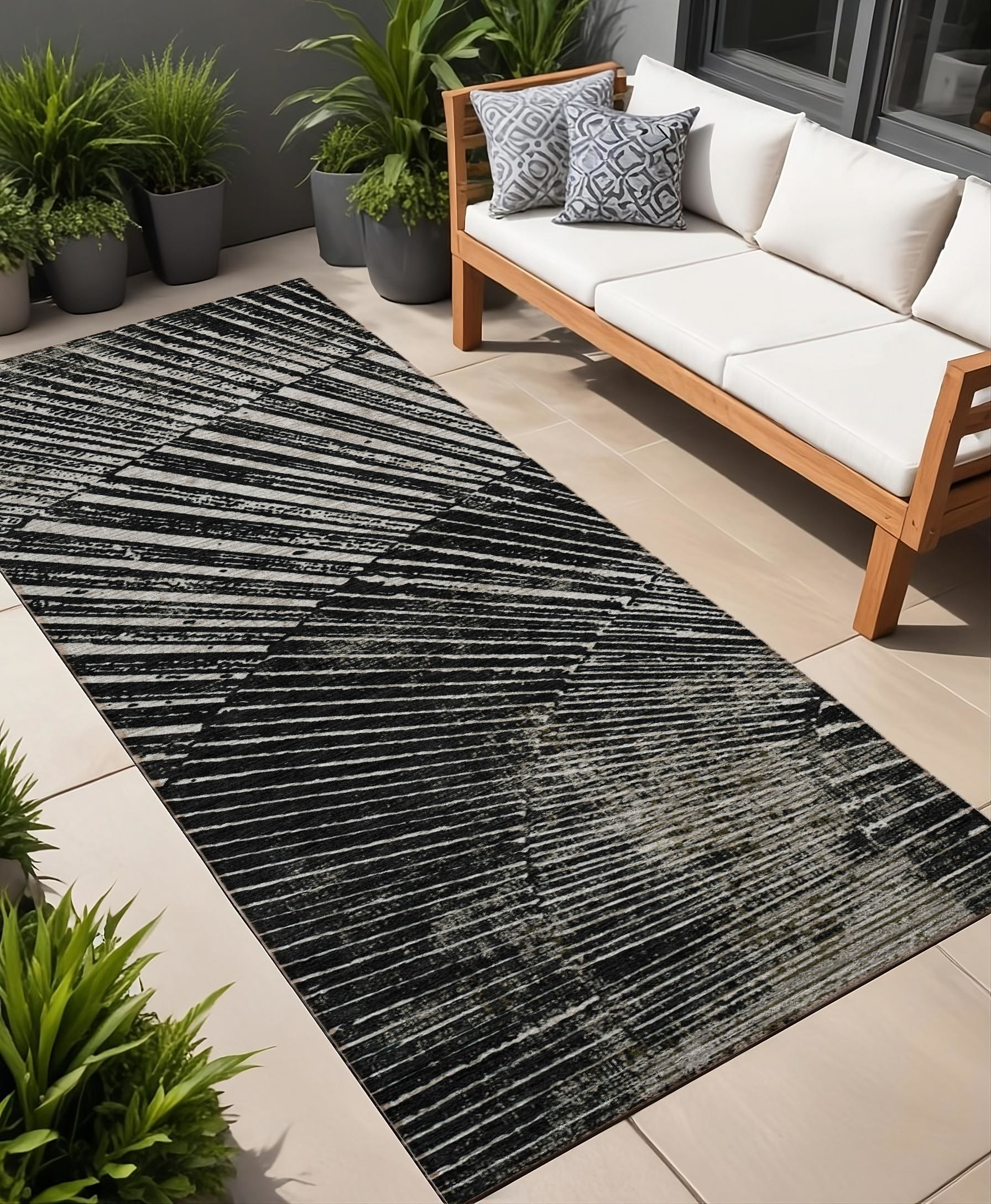 8' Runner Black and Ivory Abstract Washable Non Skid Indoor Outdoor Runner Rug-561949-1