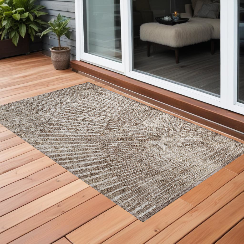 2' X 3' Taupe and Ivory Abstract Washable Non Skid Indoor Outdoor Area Rug-561993-1