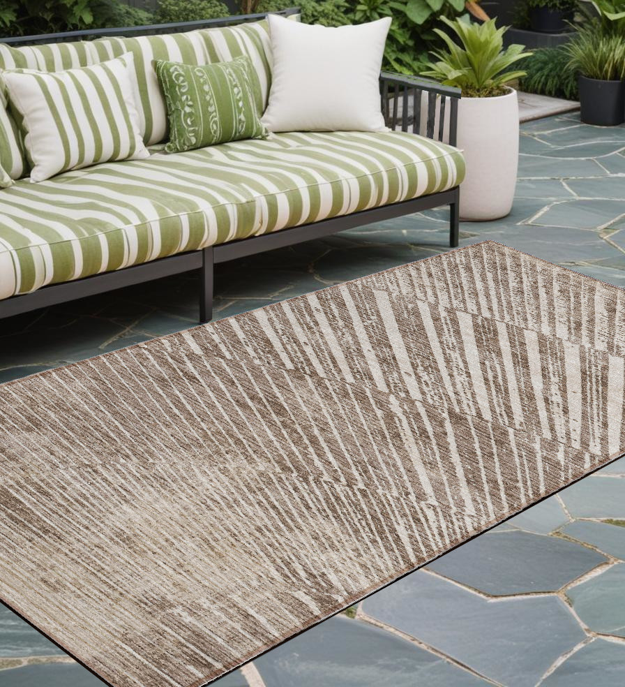 8' Runner Taupe and Ivory Abstract Washable Non Skid Indoor Outdoor Runner Rug-561994-1
