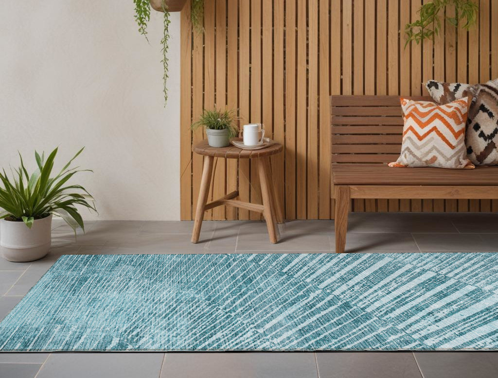 8' Runner Teal Abstract Washable Non Skid Indoor Outdoor Runner Rug-562003-1