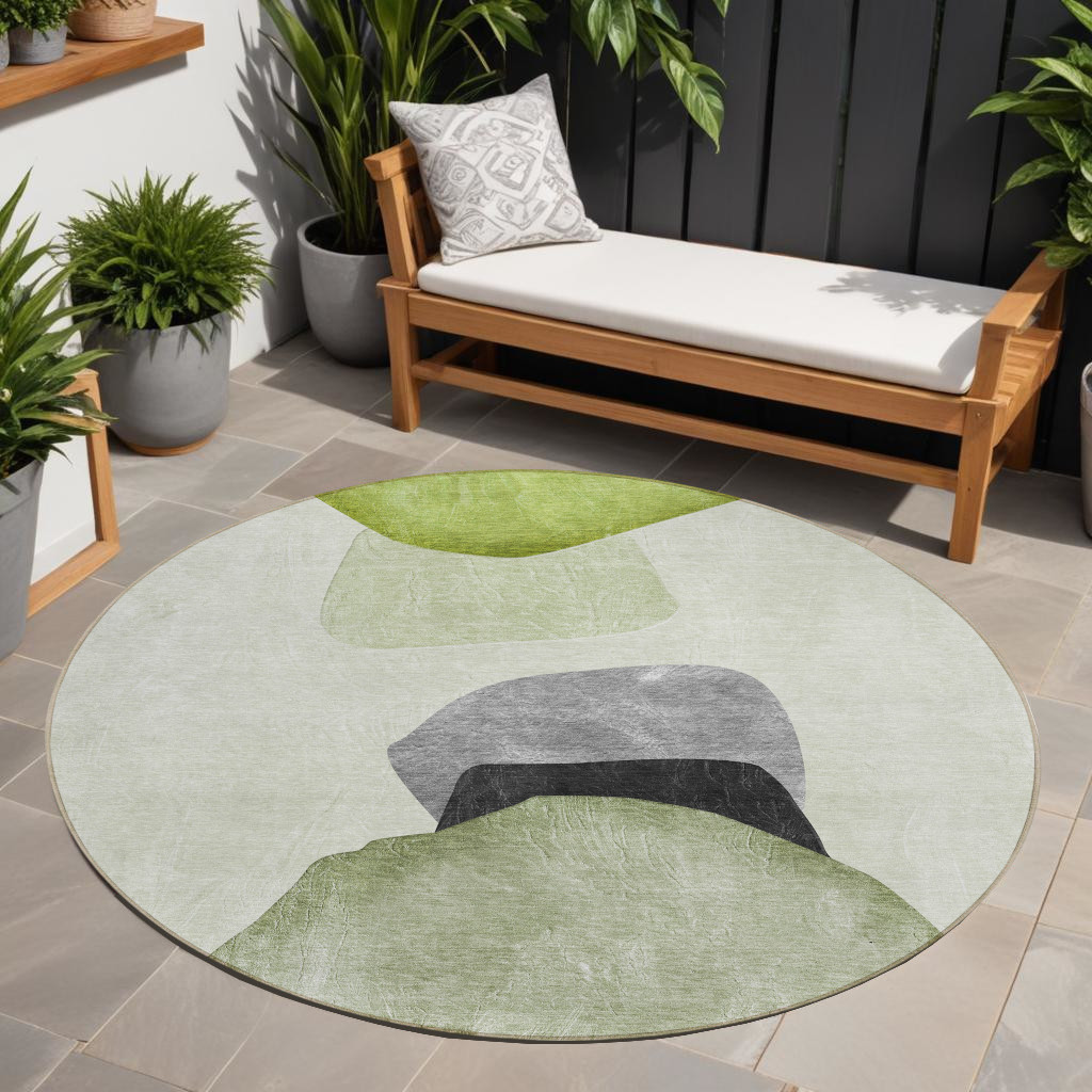 8' Round Green Black and Gray Round Abstract Washable Non Skid Indoor Outdoor Area Rug-562196-1