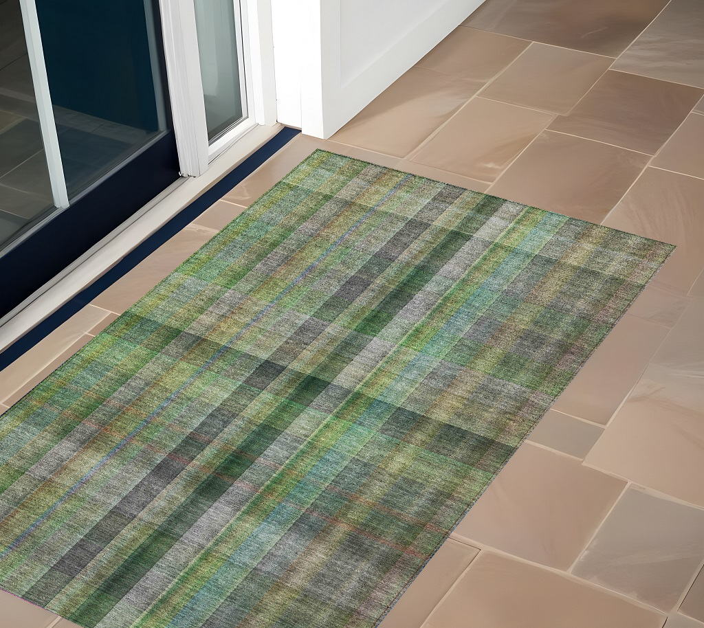 2' X 3' Green Beige and Gray Plaid Washable Non Skid Indoor Outdoor Area Rug-562227-1