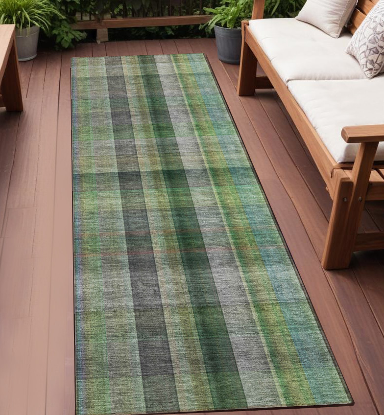 2' X 8' Green Beige and Gray Plaid Washable Non Skid Indoor Outdoor Area Rug-562228-1