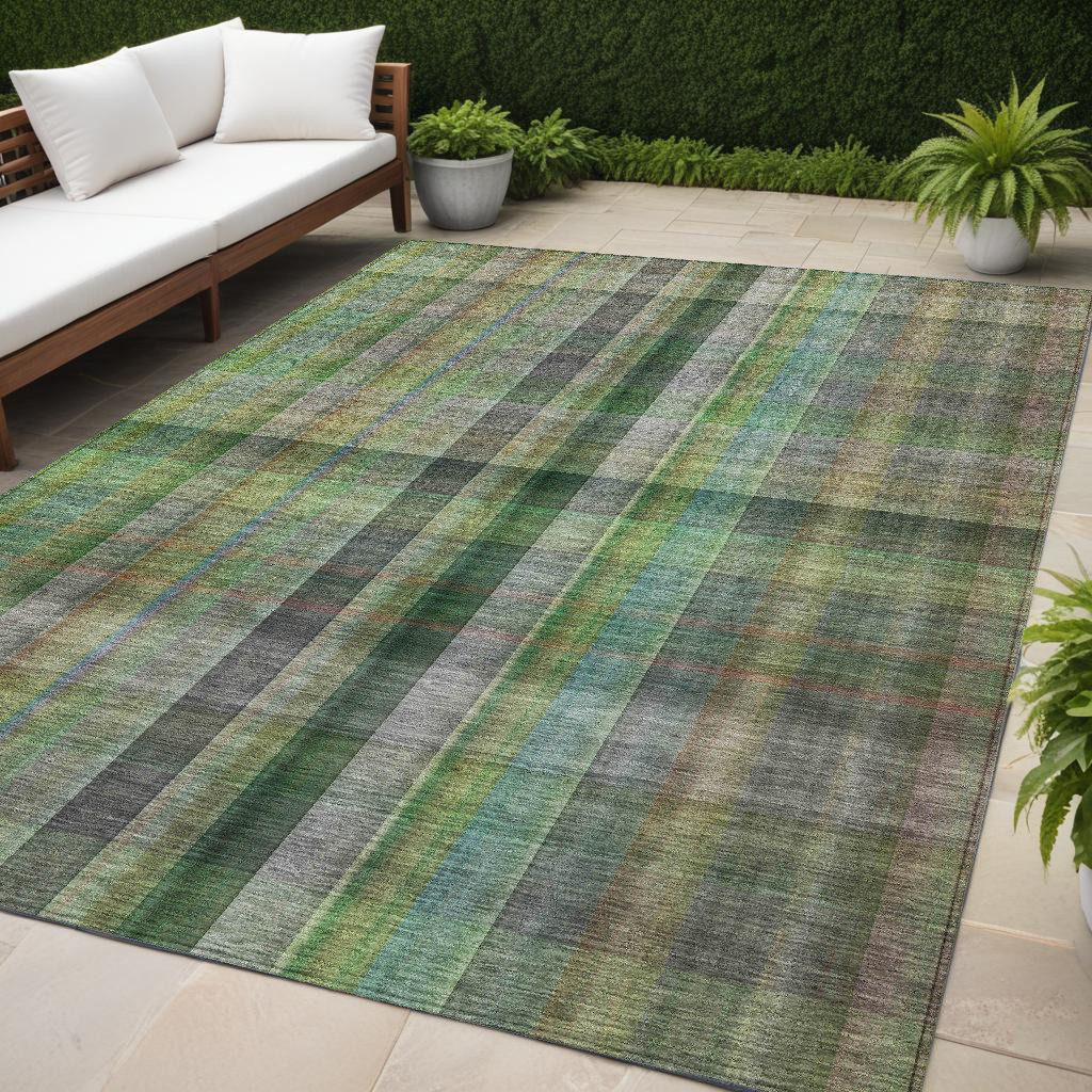 5' X 8' Green Plaid Washable Non Skid Indoor Outdoor Area Rug-562231-1
