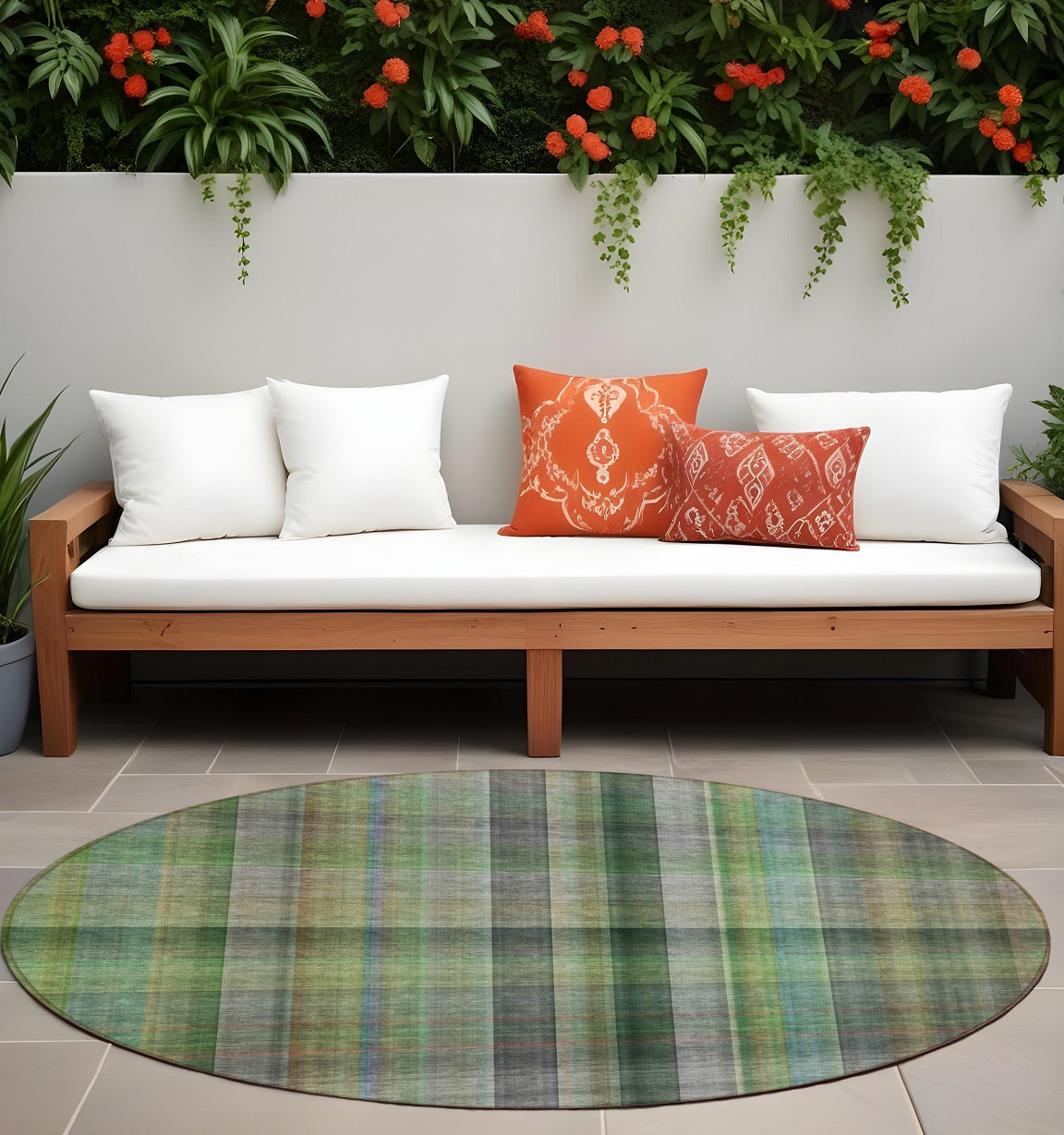 8' Round Green Round Plaid Washable Non Skid Indoor Outdoor Area Rug-562232-1