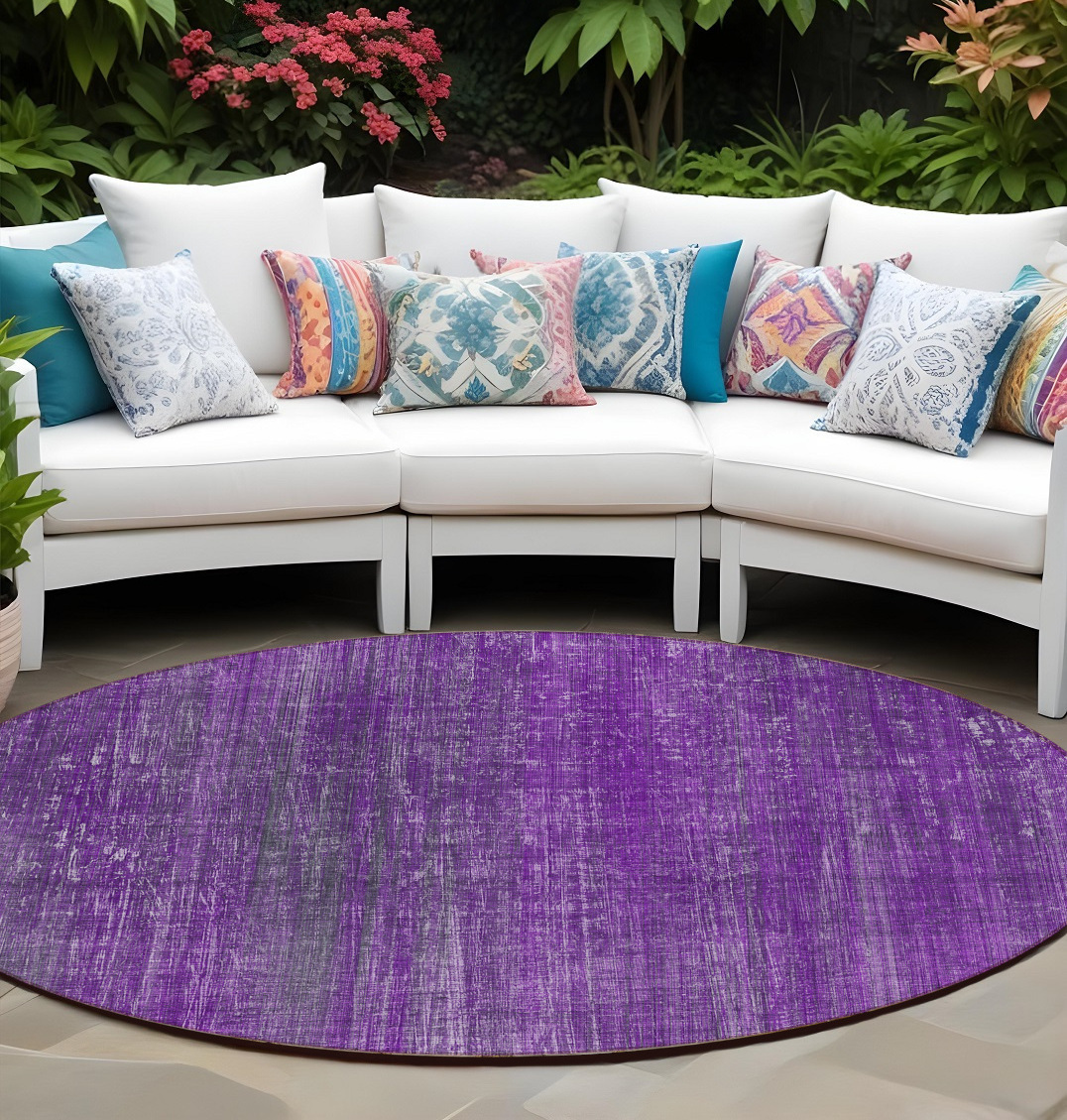 8' Round Purple Round Striped Washable Non Skid Indoor Outdoor Area Rug-562619-1
