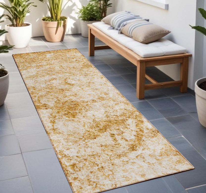 8' Runner Cream and Gold Abstract Washable Non Skid Indoor Outdoor Runner Rug-562651-1