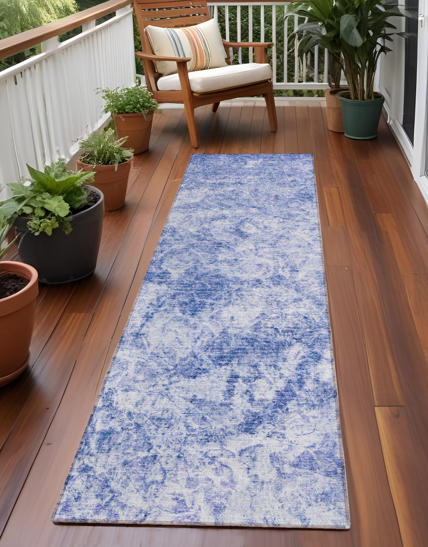 8' Runner Blue Abstract Washable Non Skid Indoor Outdoor Runner Rug-562660-1