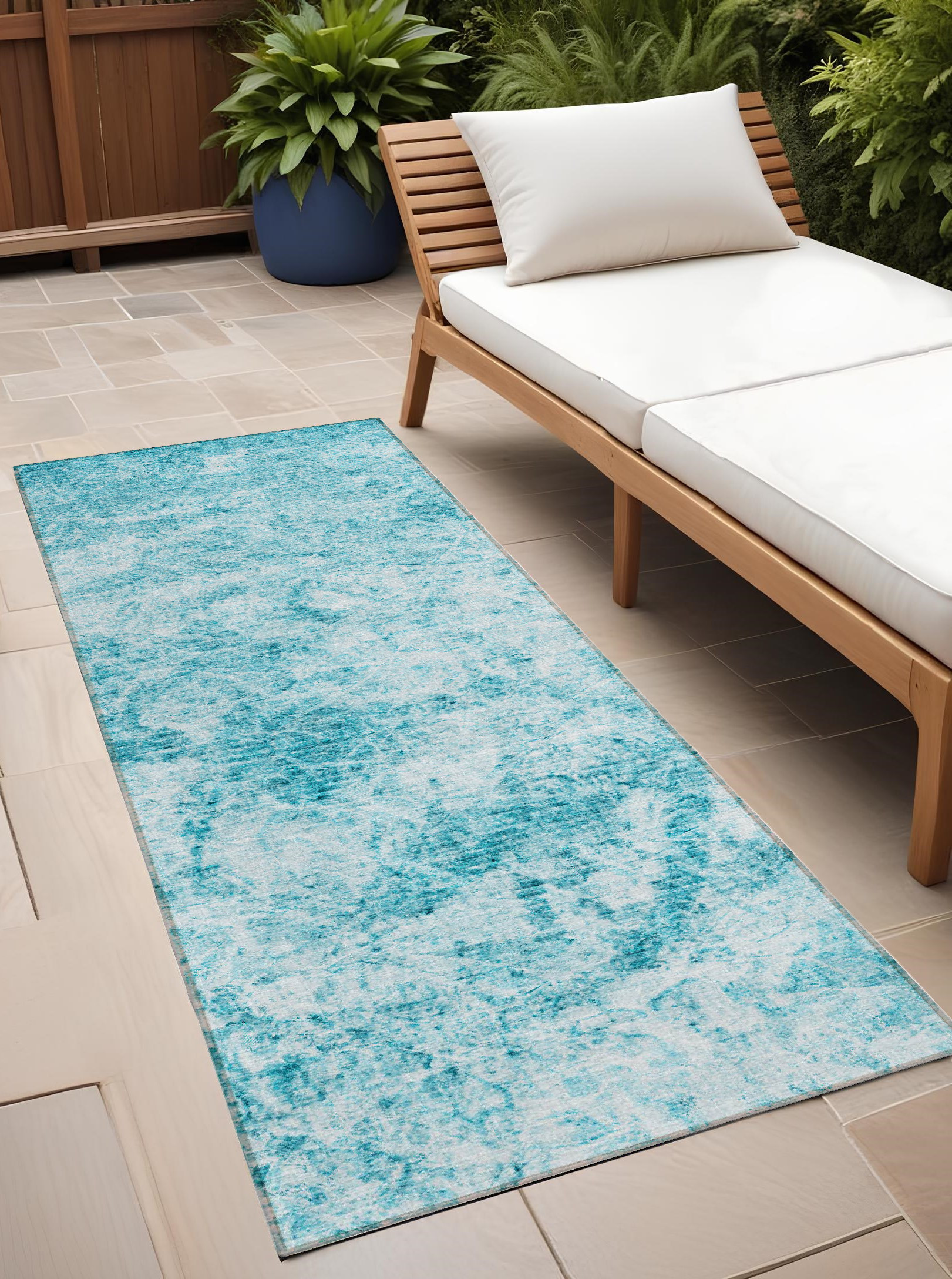 8' Runner Teal Abstract Washable Non Skid Indoor Outdoor Runner Rug-562669-1