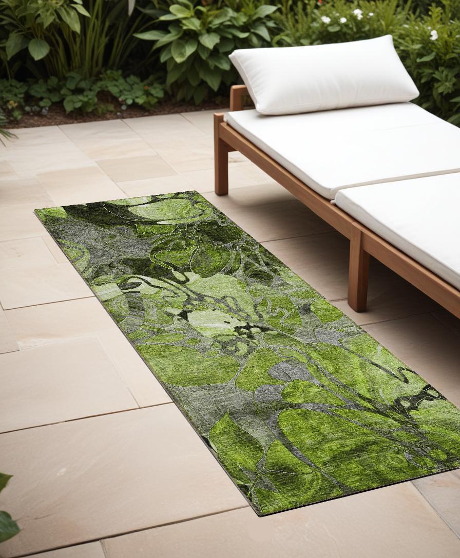 8' Runner Fern Green and Gray Floral Washable Non Skid Indoor Outdoor Runner Rug-563035-1