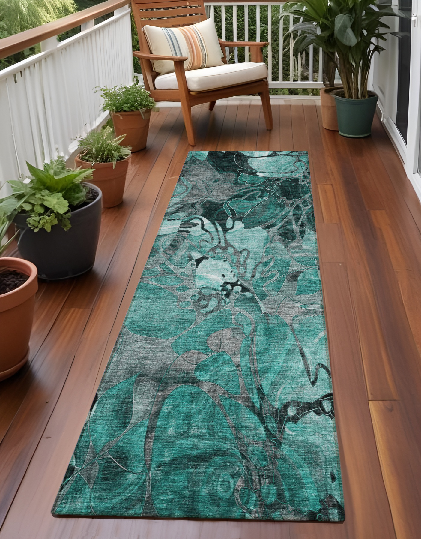 2' X 8' Teal Black and Gray Abstract Washable Indoor Outdoor Runner Rug-563071-1