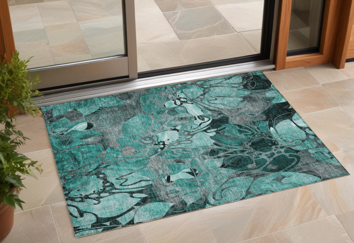 3' X 5' Teal Black and Gray Abstract Washable Indoor Outdoor Area Rug-563073-1
