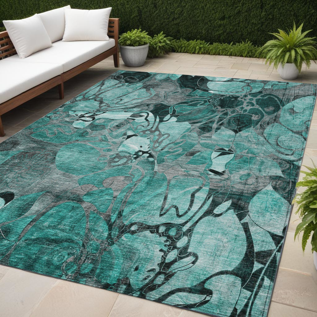 5' X 8' Teal Black and Gray Abstract Washable Indoor Outdoor Area Rug-563074-1
