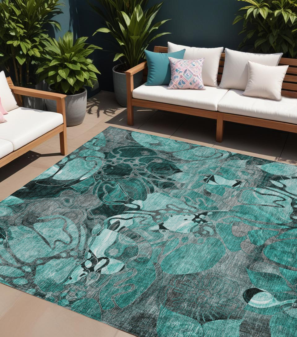 9' X 12' Teal Blue Black And Gray Abstract Washable Indoor Outdoor Area Rug-563077-1