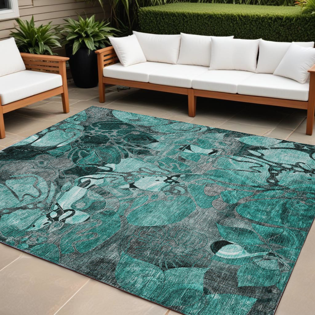 10' X 14' Teal Black and Gray Floral Washable Non Skid Indoor Outdoor Area Rug-563078-1