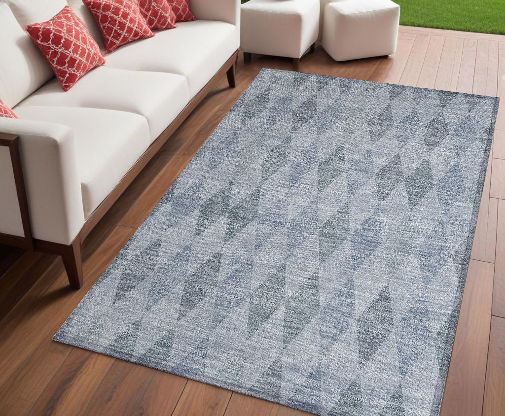 5' X 8' Denim Blue Geometric Washable Non Skid Indoor Outdoor Area Rug-563236-1