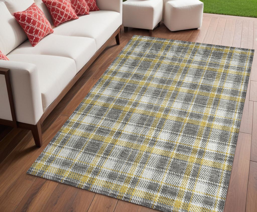 5' X 8' Gray Yellow and White Plaid Washable Non Skid Indoor Outdoor Area Rug-563353-1