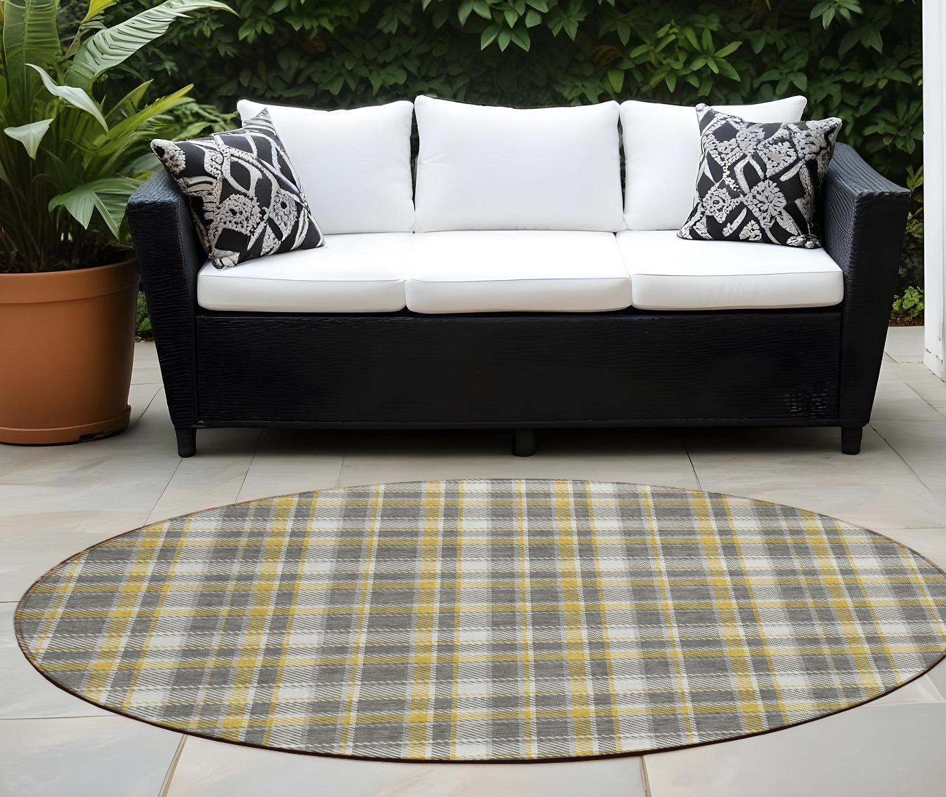 8' Round Gray Yellow and White Round Plaid Washable Non Skid Indoor Outdoor Area Rug-563354-1