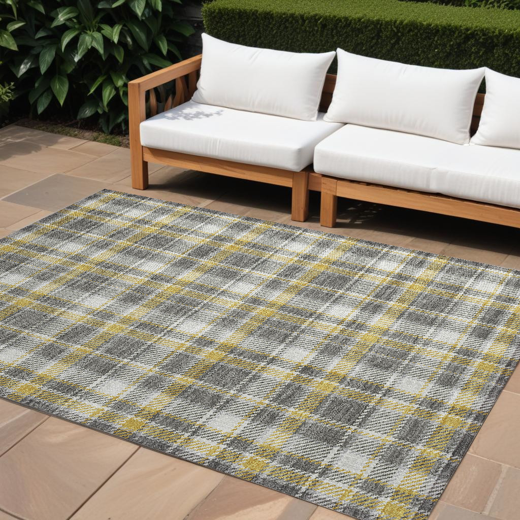 10' X 14' Gray Yellow And White Plaid Washable Indoor Outdoor Area Rug-563357-1