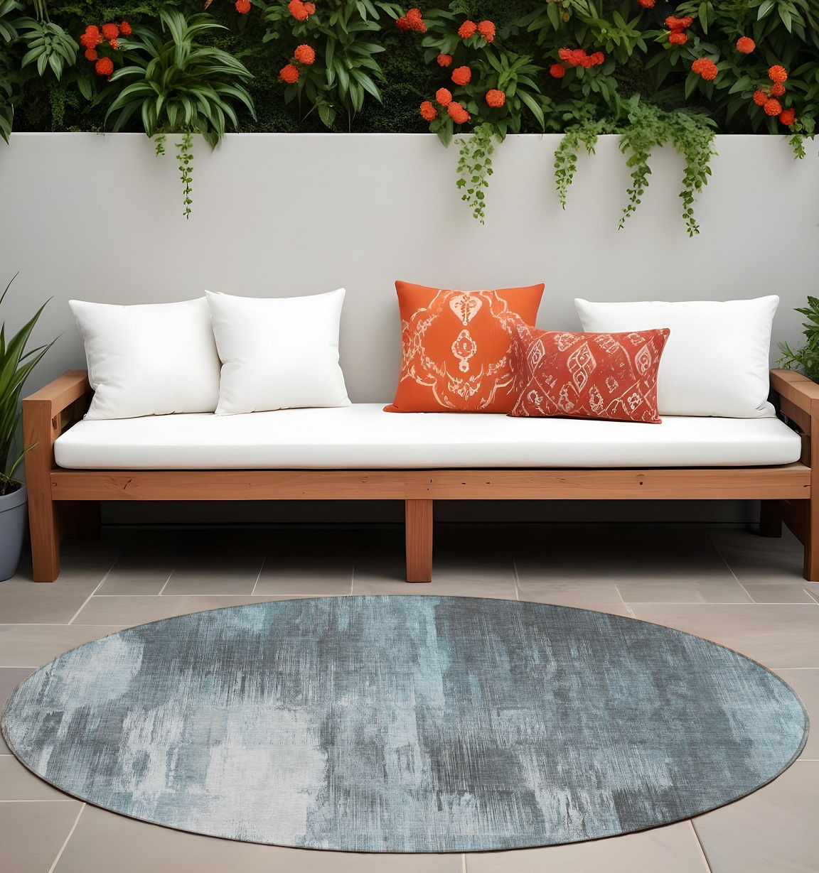 8' Round Teal Round Abstract Washable Non Skid Indoor Outdoor Area Rug-563624-1
