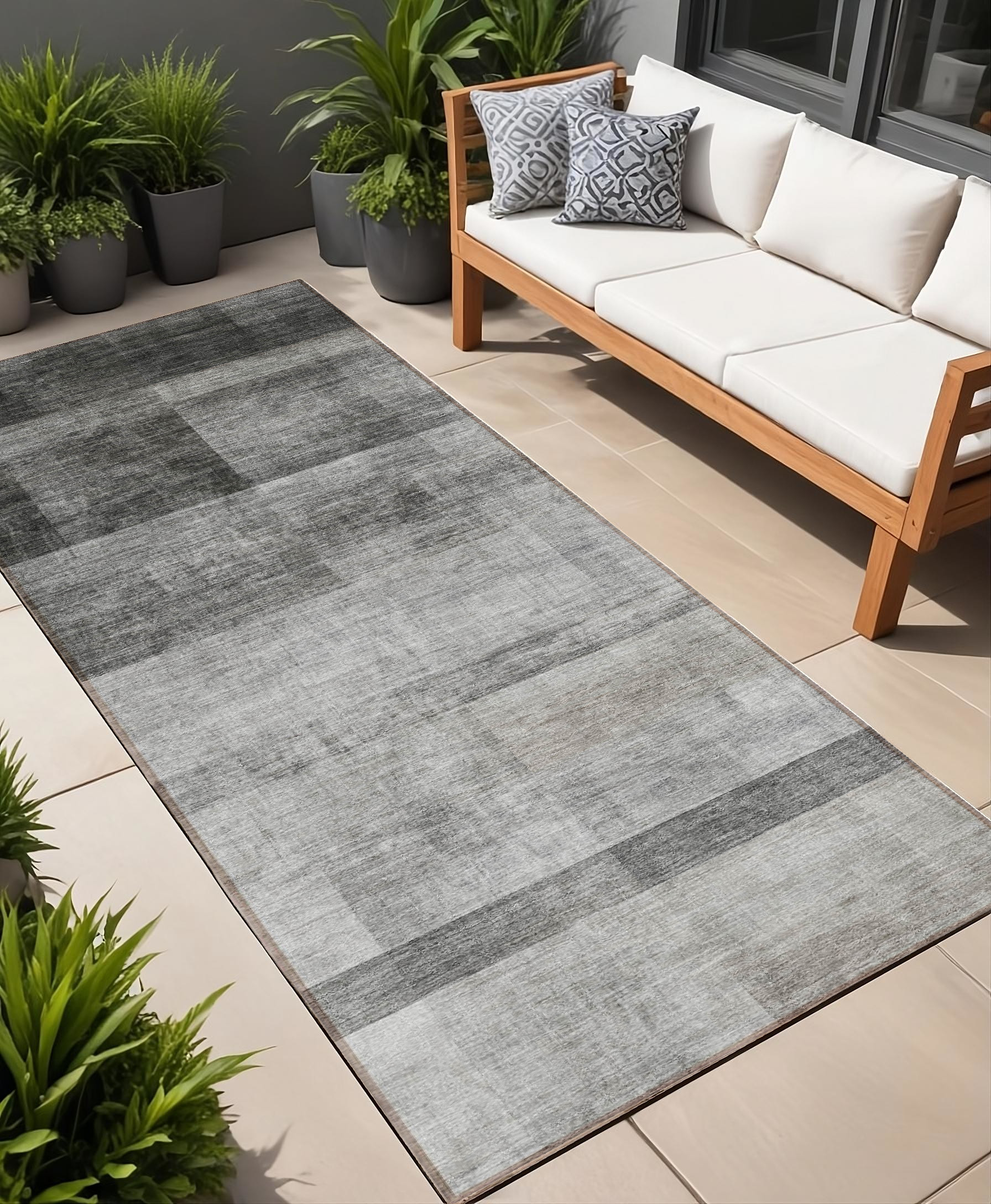 8' Runner Gray Ombre Washable Non Skid Indoor Outdoor Runner Rug-563638-1
