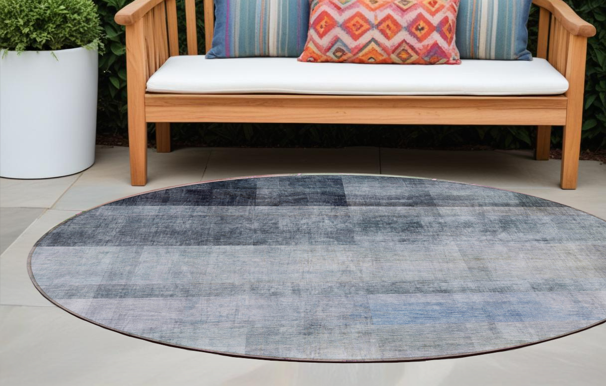 8' Round Navy and Gray Round Ombre Washable Non Skid Indoor Outdoor Area Rug-563651-1
