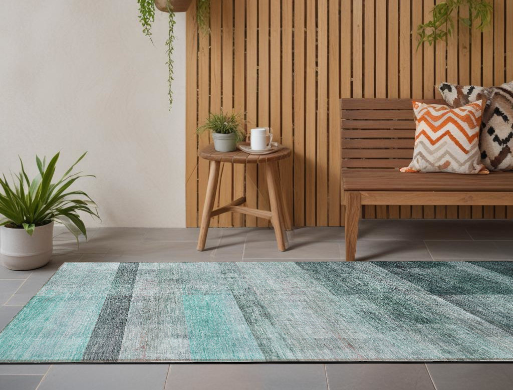 8' Runner Teal Ombre Washable Non Skid Indoor Outdoor Runner Rug-563683-1