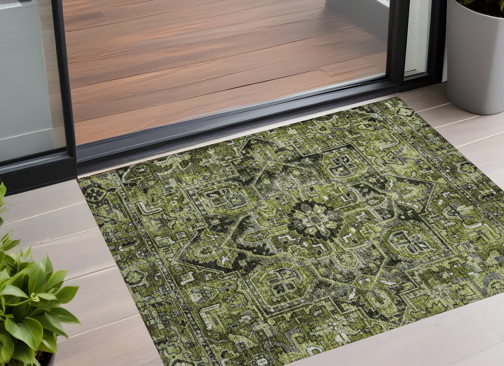 3' X 5' Olive Green and Dark Green Oriental Washable Non Skid Indoor Outdoor Area Rug-563775-1
