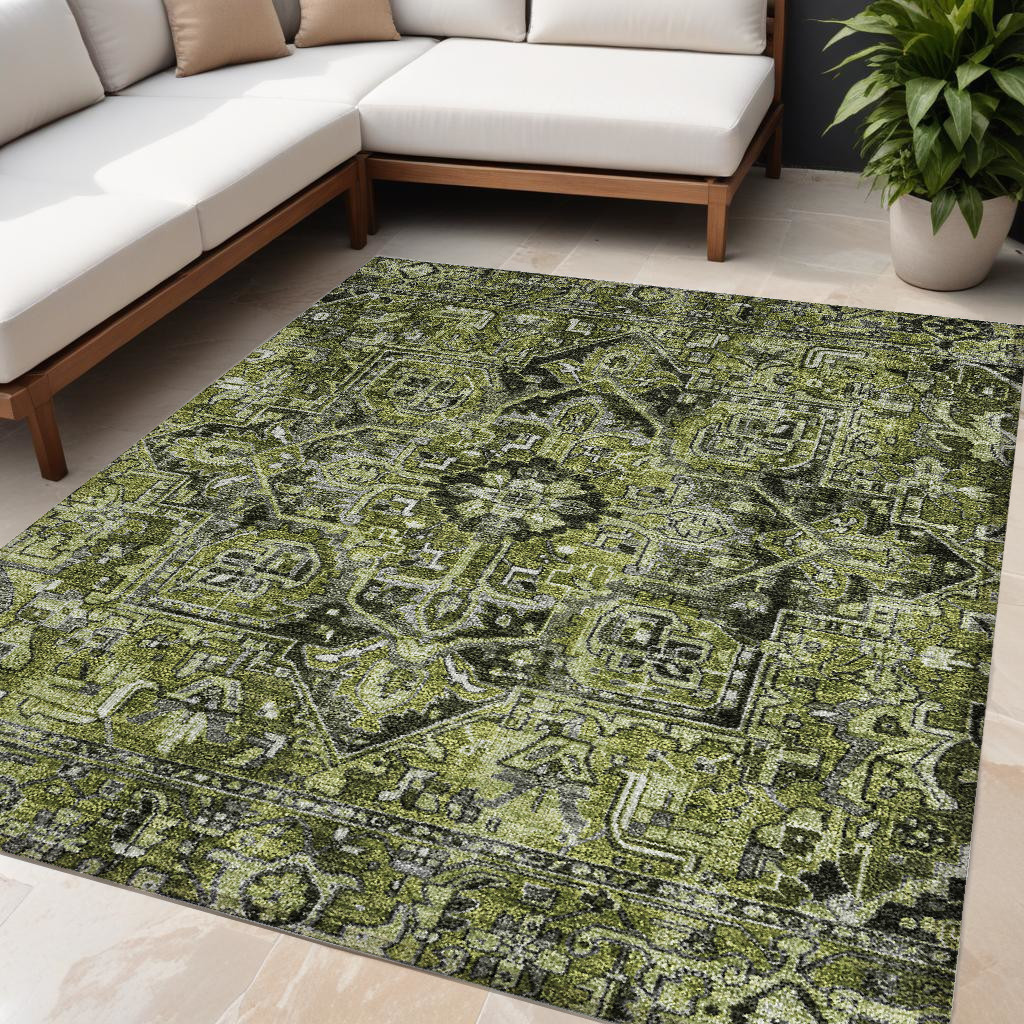 5' X 8' Olive Green and Dark Green Oriental Washable Non Skid Indoor Outdoor Area Rug-563776-1