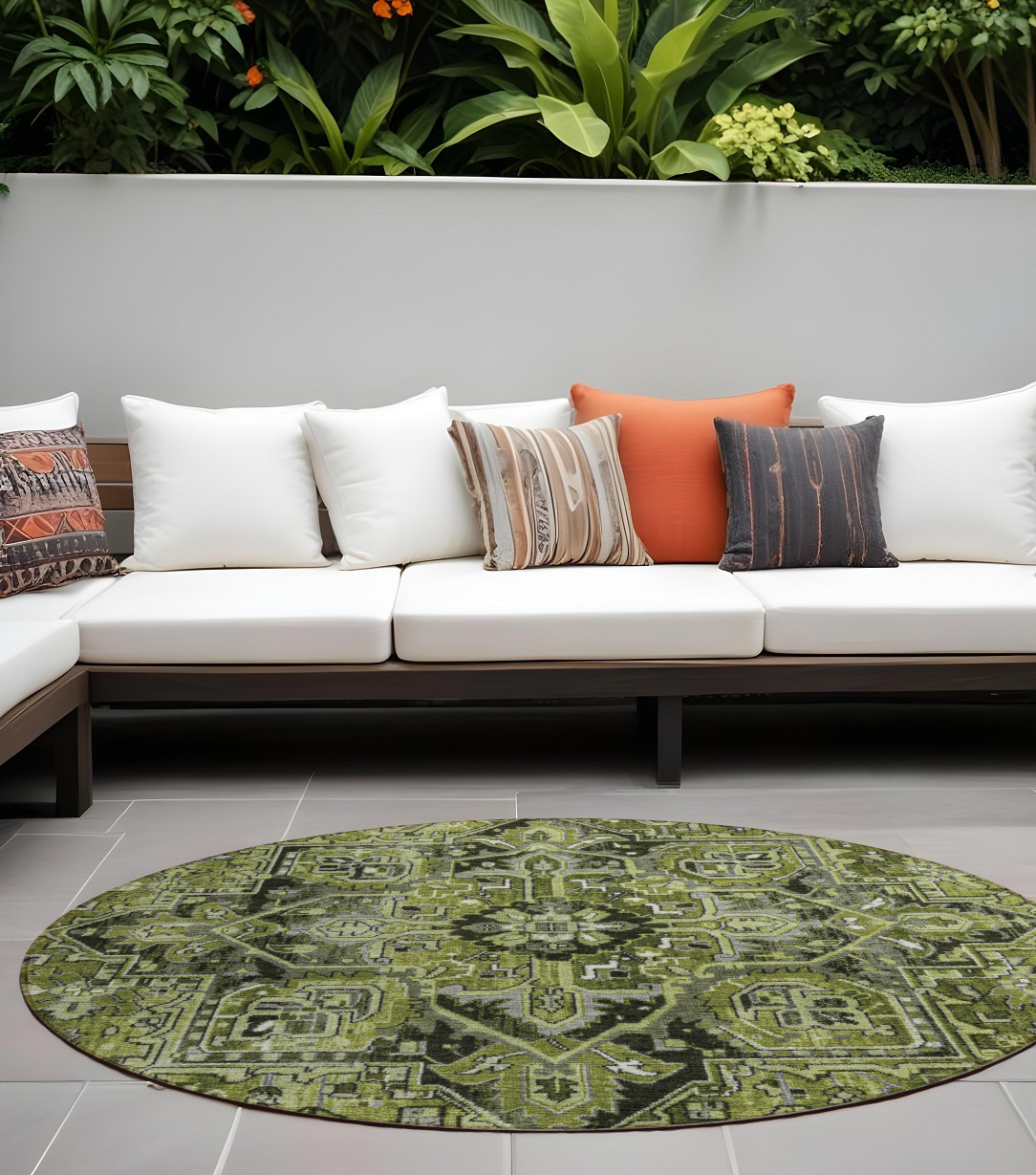 8' Round Olive Green and Dark Green Round Oriental Washable Non Skid Indoor Outdoor Area Rug-563777-1