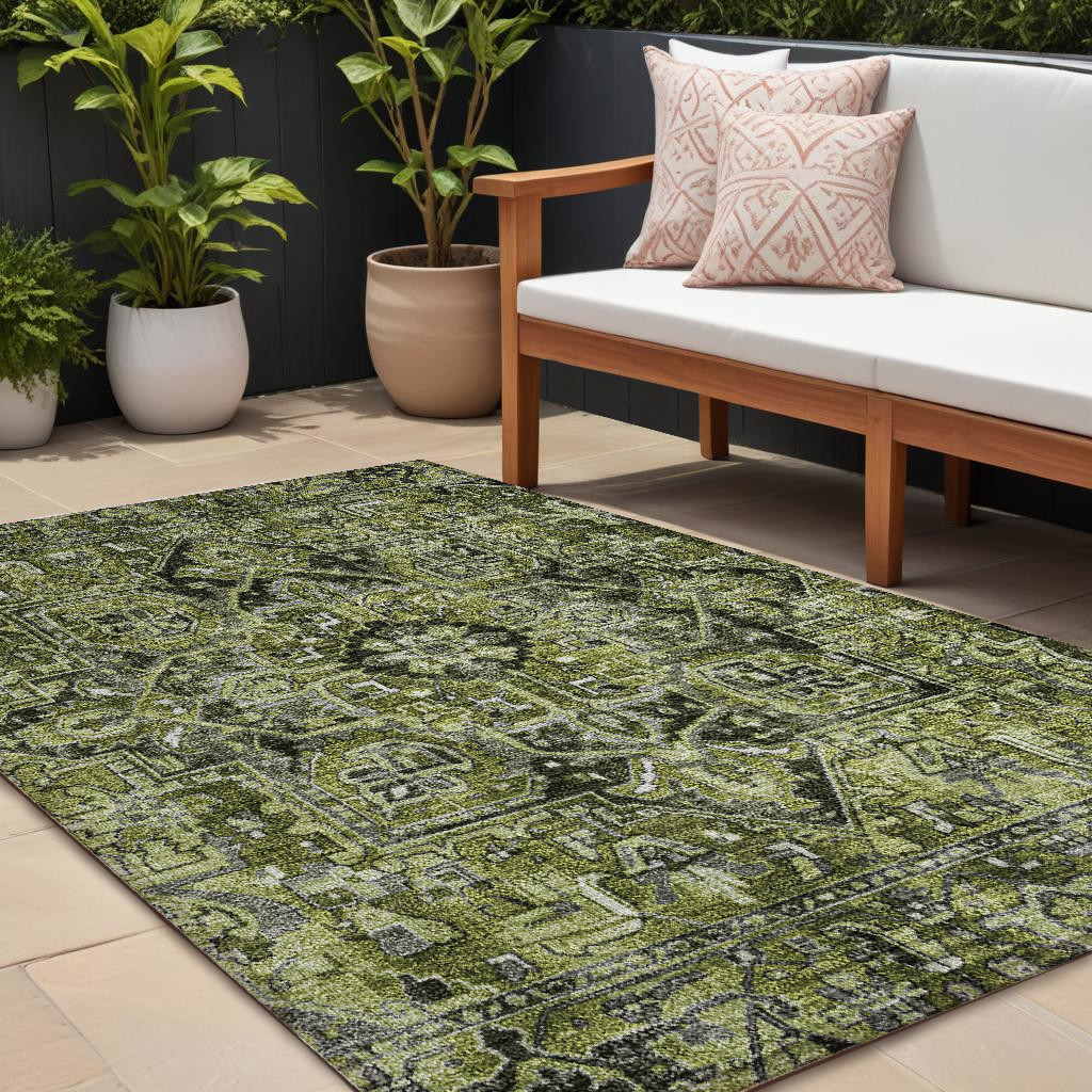 8' X 10' Olive Green and Dark Green Oriental Washable Non Skid Indoor Outdoor Area Rug-563778-1