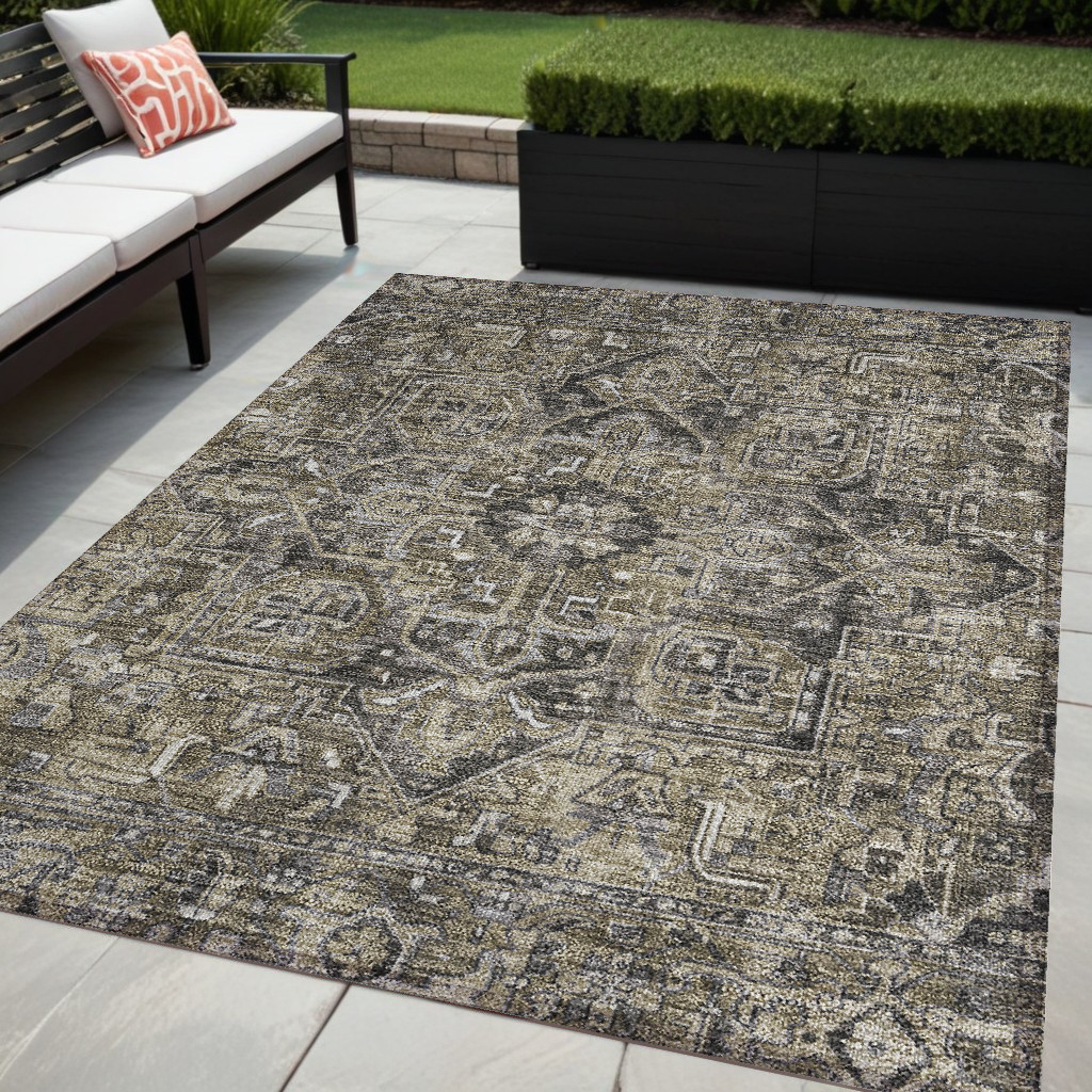 5' X 8' Taupe and Dark Taupe Oriental Washable Non Skid Indoor Outdoor Area Rug-563794-1