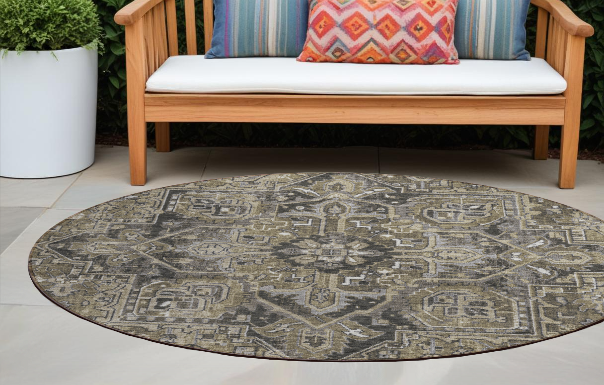 8' Taupe Round Oriental Washable Indoor Outdoor Area Rug-563795-1