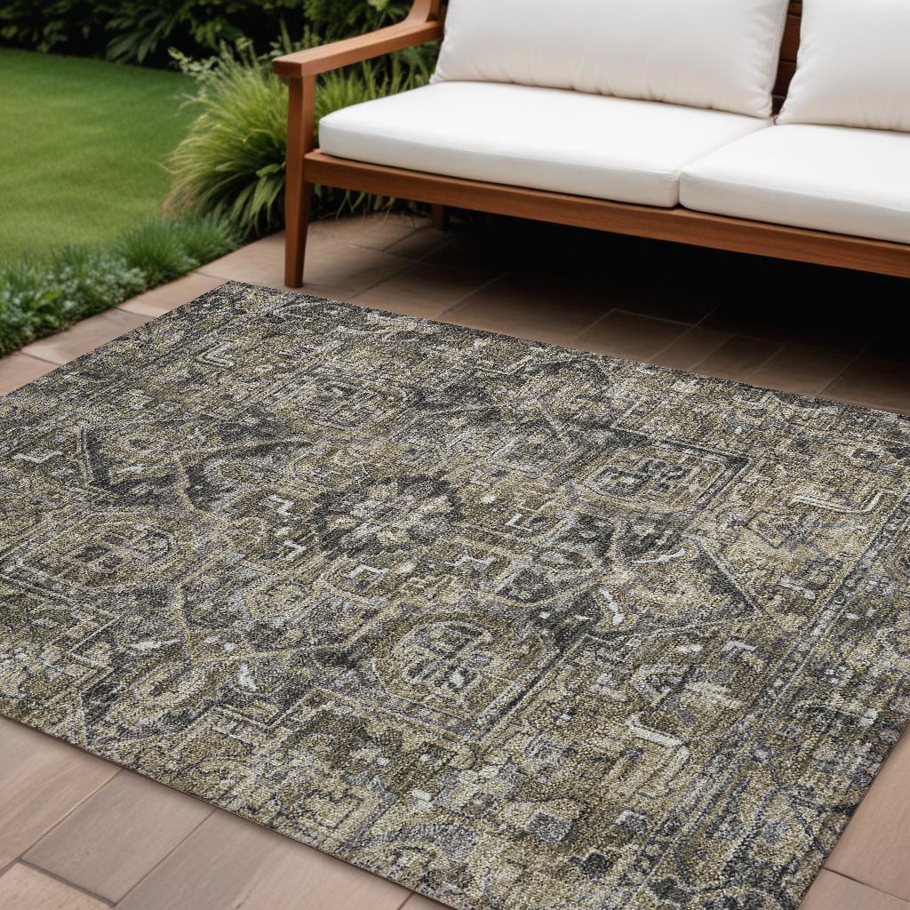 8' X 10' Taupe and Dark Taupe Oriental Washable Non Skid Indoor Outdoor Area Rug-563796-1